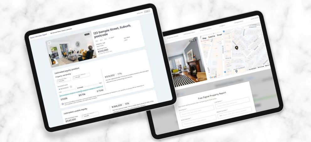 two tablet screens showing equity calculator mockup